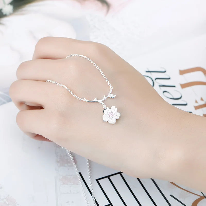925 Sterling Silver Jewelry Sets Romantic Cherry Blossoms Flower Necklace+Earrings+Ring+Bracelet For Women Gift