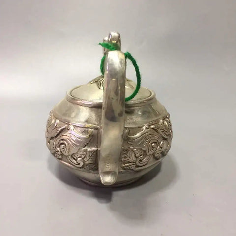 Chinese archaize White copper dragon handle teapot crafts statue #2