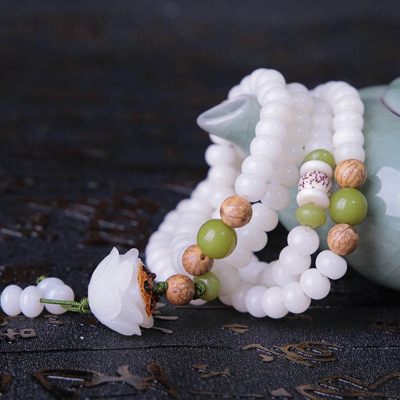 108 White Jade Bodhi Roots Bracelet Womens Lotus Leaf Multi-layer Beads Fashion Bracelet Buddha Charm Yoga Necklace Dropshipping