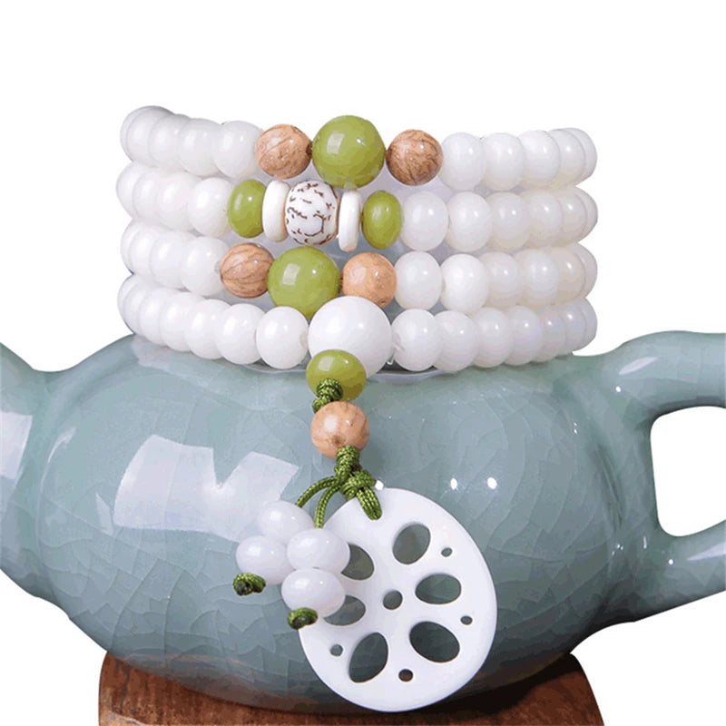 108 White Jade Bodhi Roots Bracelet Womens Lotus Leaf Multi-layer Beads Fashion Bracelet Buddha Charm Yoga Necklace Dropshipping