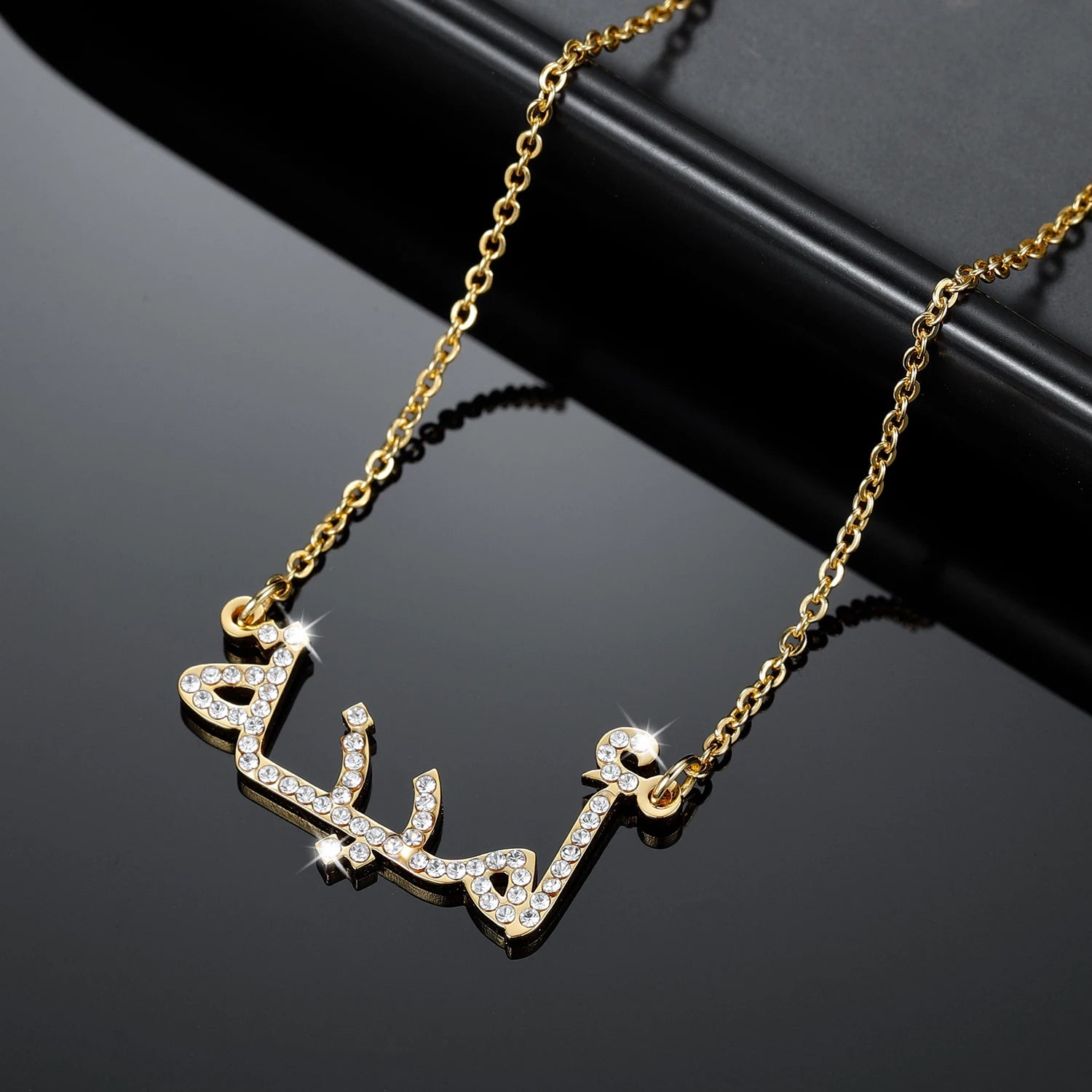 Custom Arabic Name Necklace Crystal Arabic Pendant Personalized Islamic Nameplate Gold Chain Stainless Steel Jewelry For Women