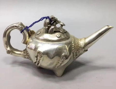 Collectible archaize white copper monkey teapot craft statue