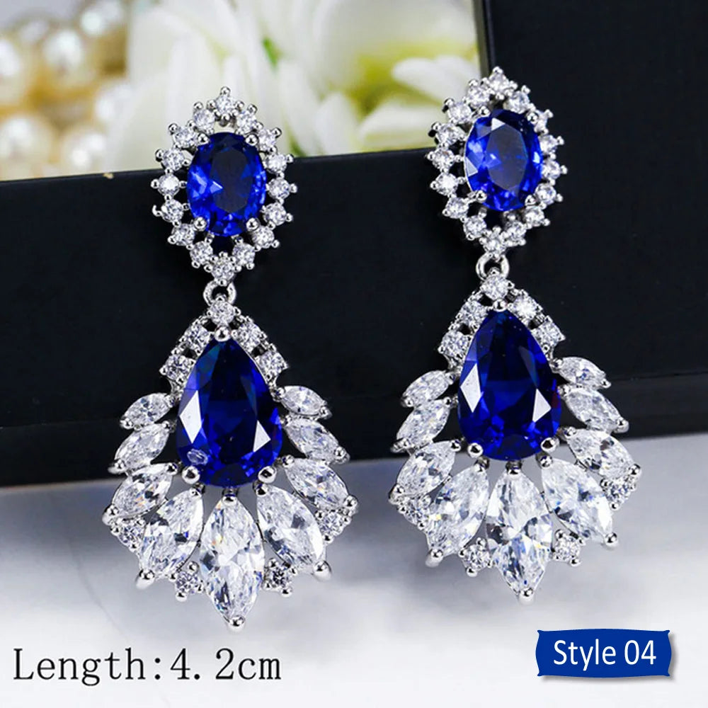 ThreeGraces Noble Big Cubic Zirconia Dark Blue Crystal Earring for Women Statement Round Flower Dangle Teardrop Earrings ER011