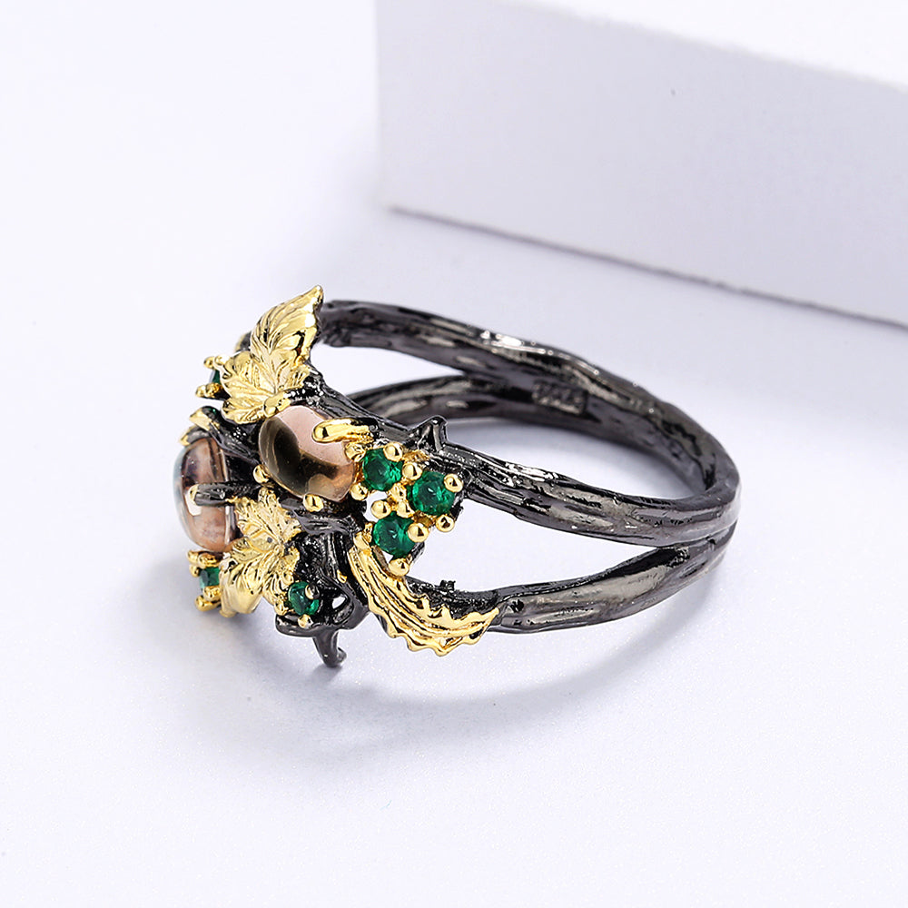 New Exquisite Leaf Flower Color Zircon Ladies Women's Ring Jewelry Black Gold Two-color Red Zircon Ring Ladies Ring