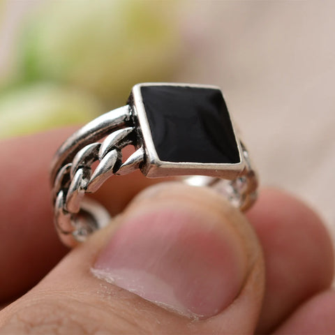 Trendy Square Black Resin Thai Silver Men`s Ring Jewelry Promotion For Man as Birthday Gift