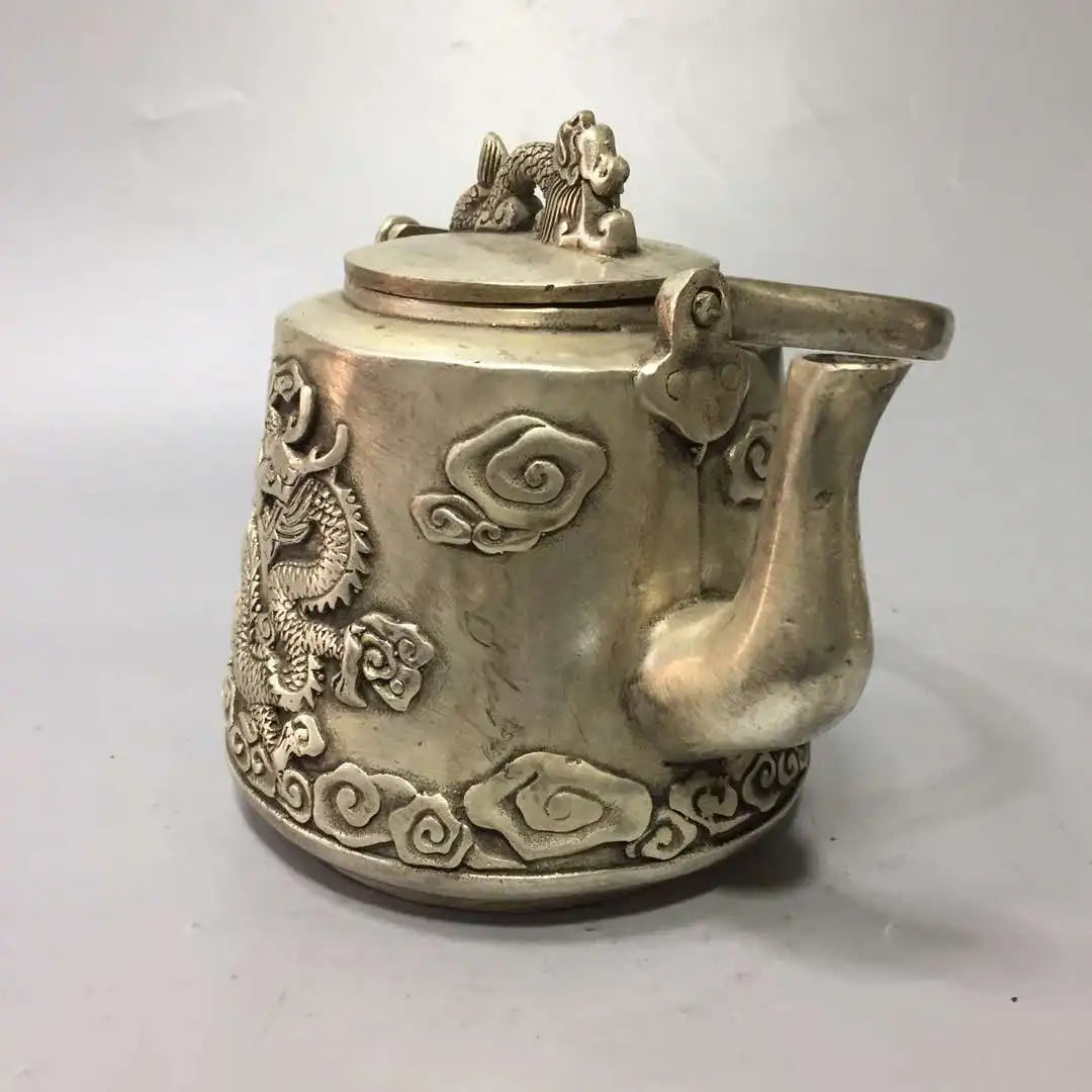 Chinese archaize White copper carving dragon teapot crafts statue