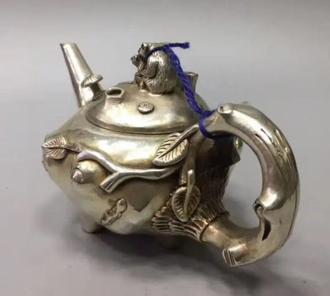 Collectible archaize white copper monkey teapot craft statue