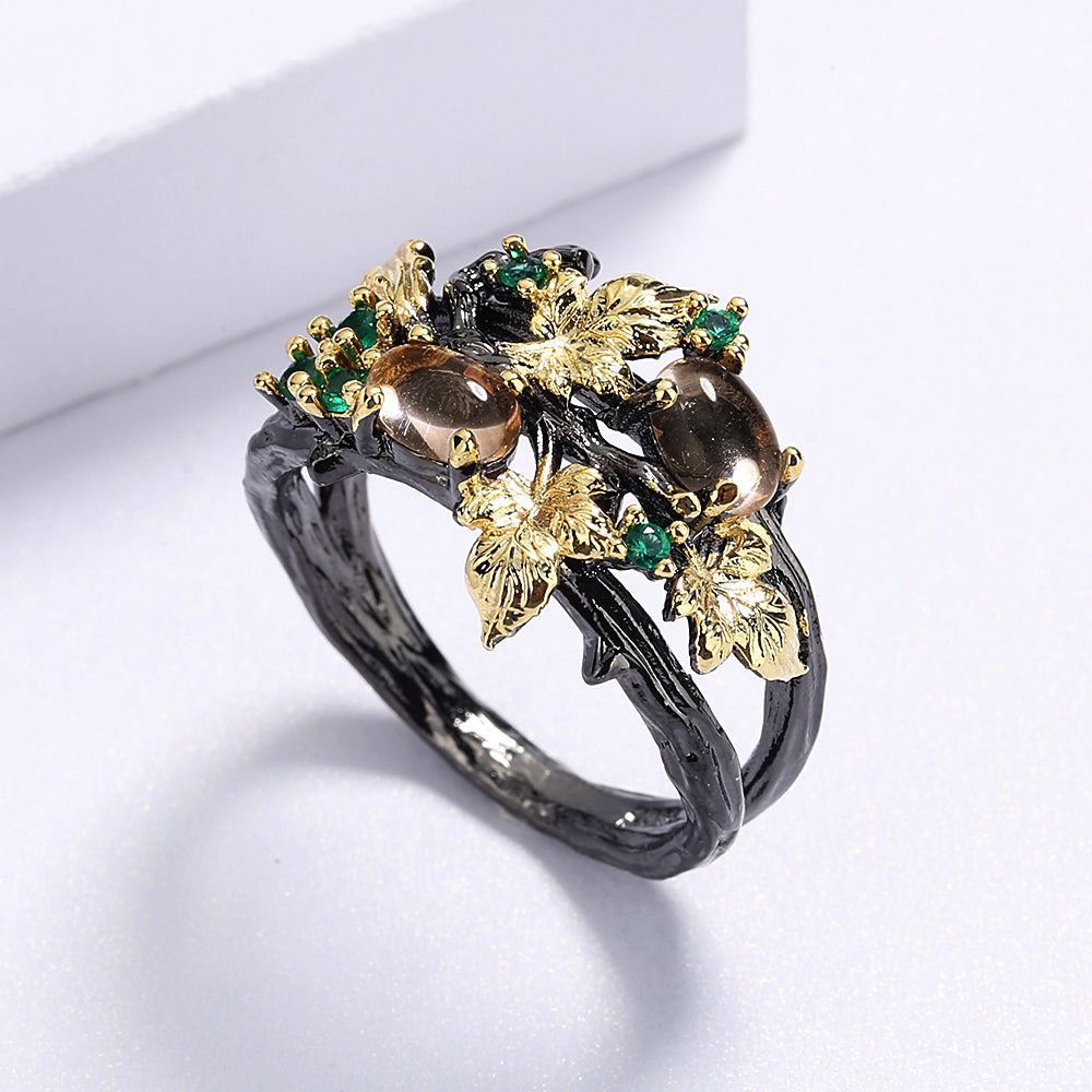 New Exquisite Leaf Flower Color Zircon Ladies Women's Ring Jewelry Black Gold Two-color Red Zircon Ring Ladies Ring
