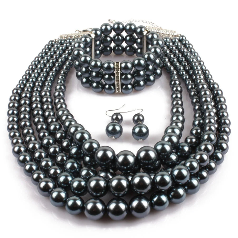 European and American Cross-border Explosion Models Exaggerated Imitation Pearl Set Multi-layer Pearl Necklac Beaded Three-piece
