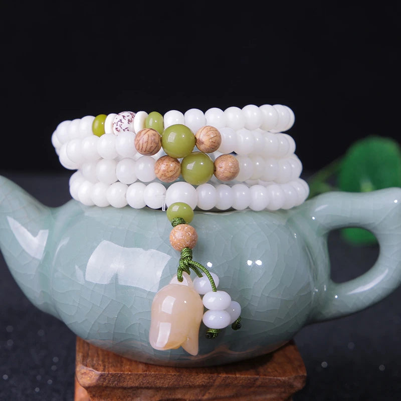 108 White Jade Bodhi Roots Bracelet Womens Lotus Leaf Multi-layer Beads Fashion Bracelet Buddha Charm Yoga Necklace Dropshipping