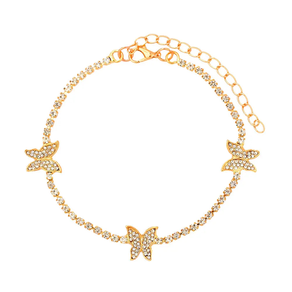 Trendy Shining Cute Butterfly Crystal Tennis Anklet for Women Gold Silver Color Boho Sandals Rhinestone Foot Ankle Chain Jewelry