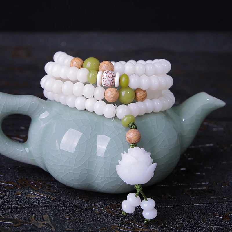 108 White Jade Bodhi Roots Bracelet Womens Lotus Leaf Multi-layer Beads Fashion Bracelet Buddha Charm Yoga Necklace Dropshipping