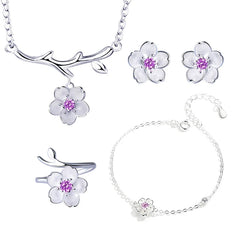 925 Sterling Silver Jewelry Sets Romantic Cherry Blossoms Flower Necklace+Earrings+Ring+Bracelet For Women Gift