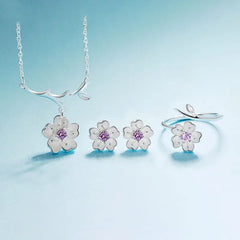 925 Sterling Silver Jewelry Sets Romantic Cherry Blossoms Flower Necklace+Earrings+Ring+Bracelet For Women Gift