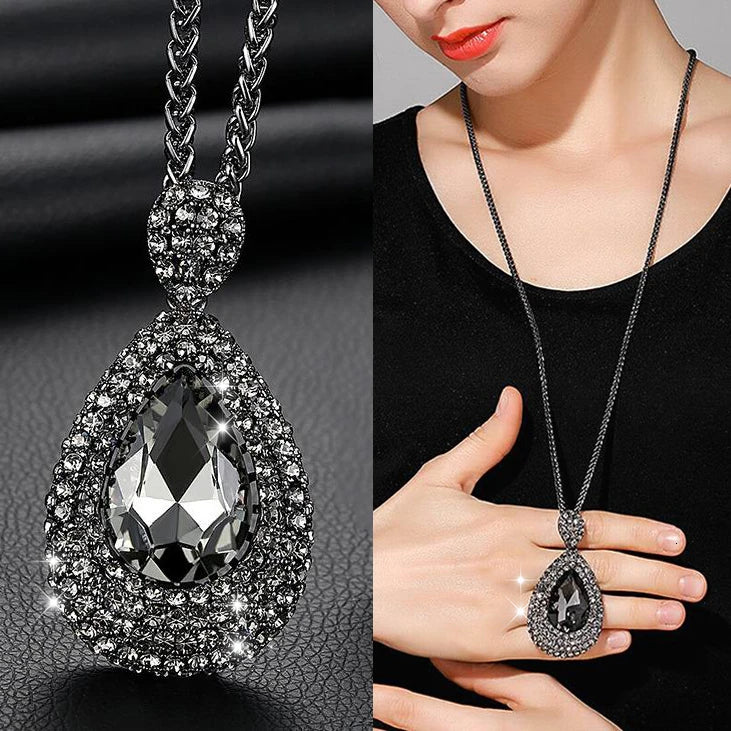 Luxury Long Chain Necklaces & Pendants for Women 2022 Fashion Waterdrop Gray Crystal Necklace Female Collier Femme Party Jewelry