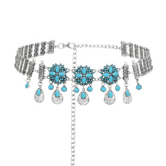 Bohemian Blue Stone Belly Chains for Women Vintage Metal Coin Tassel Flower Bikini Dance Waist Body Chain Party Jewelry Gift
