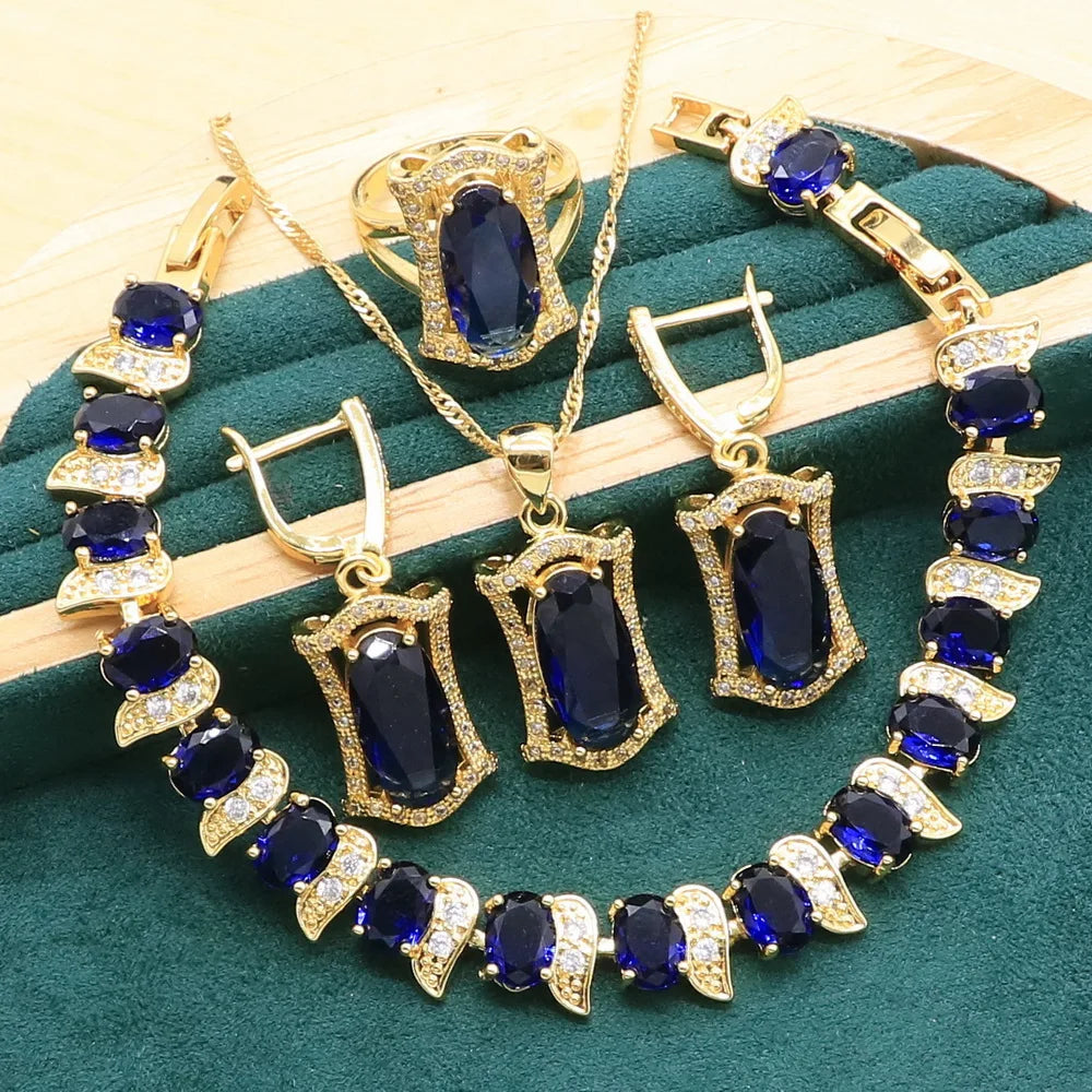 Gold Color Jewelry Sets For Women Wedding Party Royal Blue Crystal Bracelet Earrings Necklace pendant Ring Christmas Gift Box