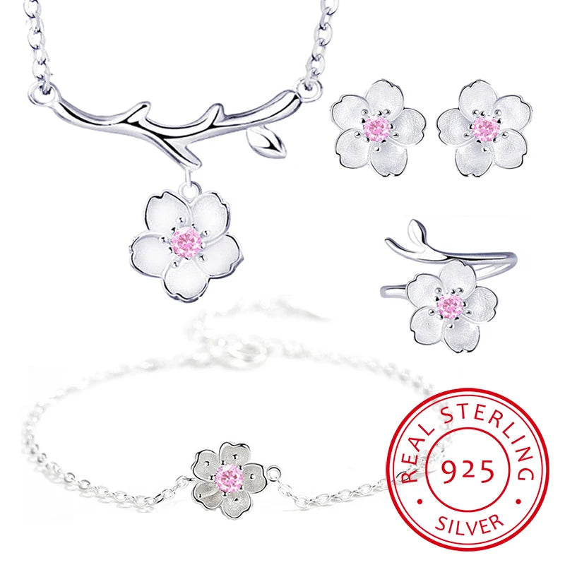 925 Sterling Silver Jewelry Sets Romantic Cherry Blossoms Flower Necklace+Earrings+Ring+Bracelet For Women Gift