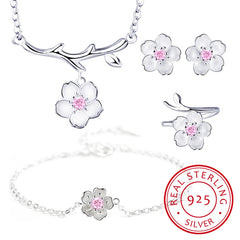 925 Sterling Silver Jewelry Sets Romantic Cherry Blossoms Flower Necklace+Earrings+Ring+Bracelet For Women Gift