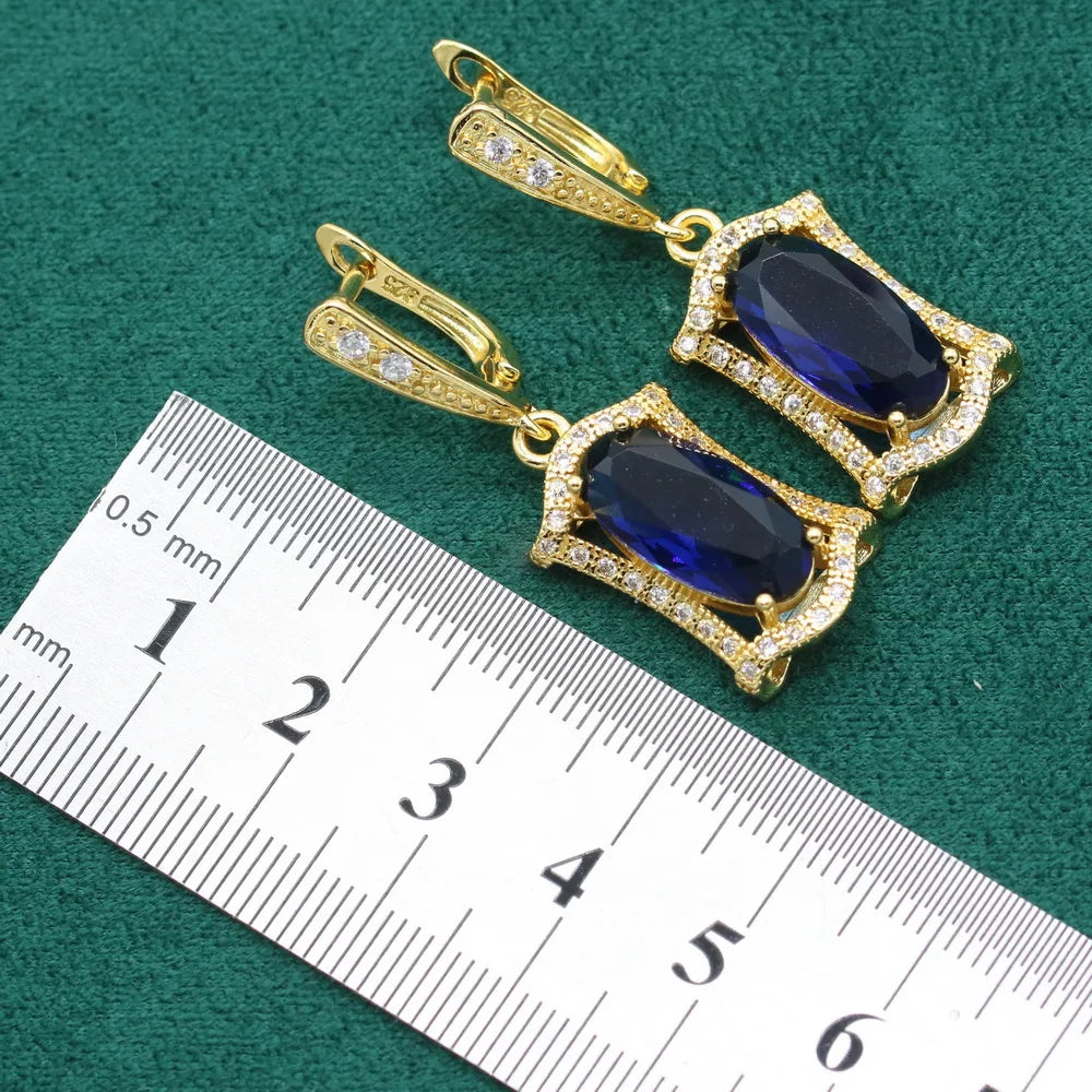 Gold Color Jewelry Sets For Women Wedding Party Royal Blue Crystal Bracelet Earrings Necklace pendant Ring Christmas Gift Box