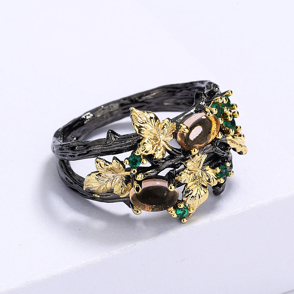 New Exquisite Leaf Flower Color Zircon Ladies Women's Ring Jewelry Black Gold Two-color Red Zircon Ring Ladies Ring