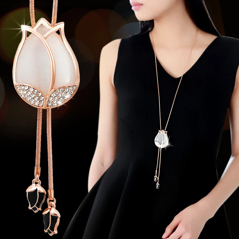 Luxury Long Chain Necklaces & Pendants for Women 2022 Fashion Waterdrop Gray Crystal Necklace Female Collier Femme Party Jewelry