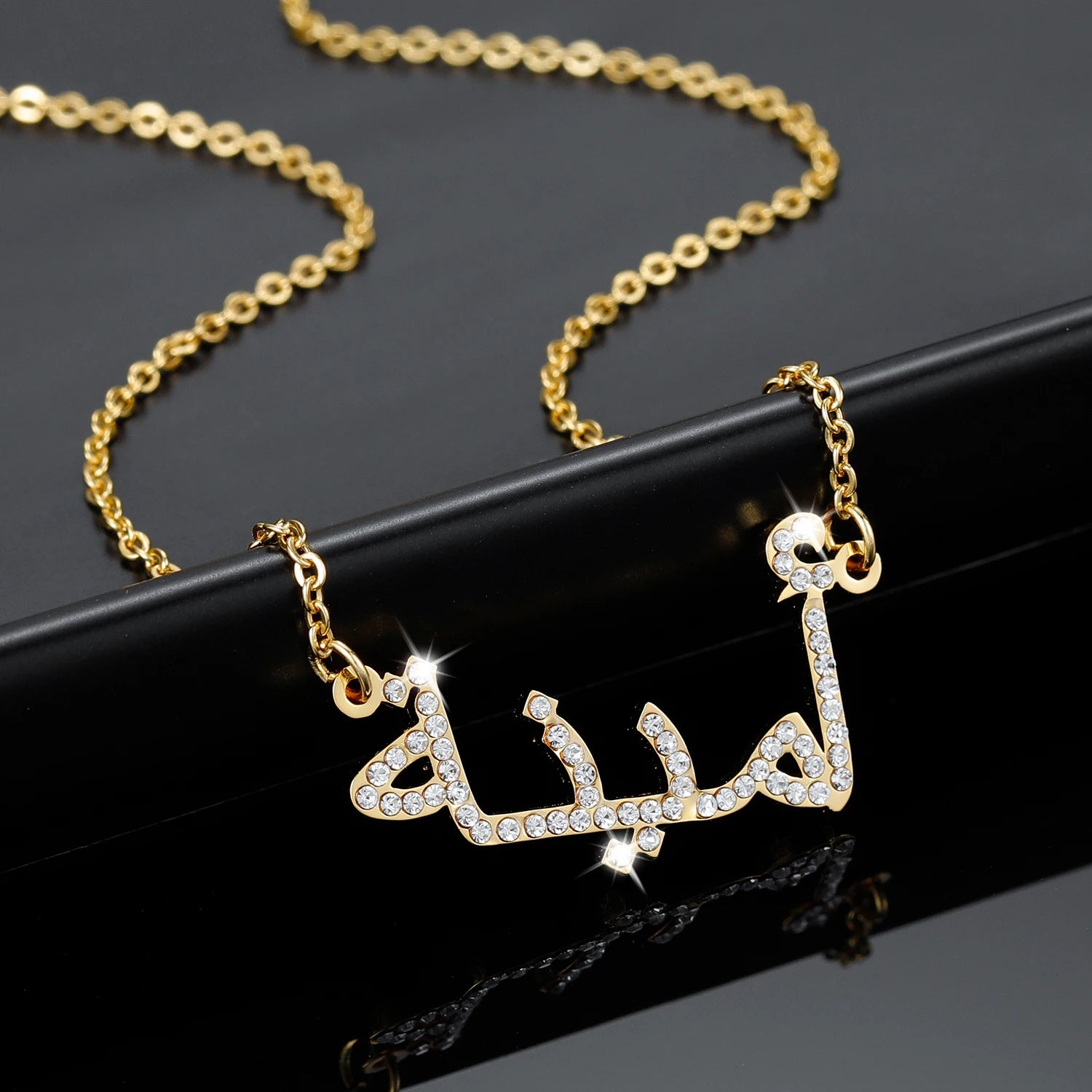 Custom Arabic Name Necklace Crystal Arabic Pendant Personalized Islamic Nameplate Gold Chain Stainless Steel Jewelry For Women
