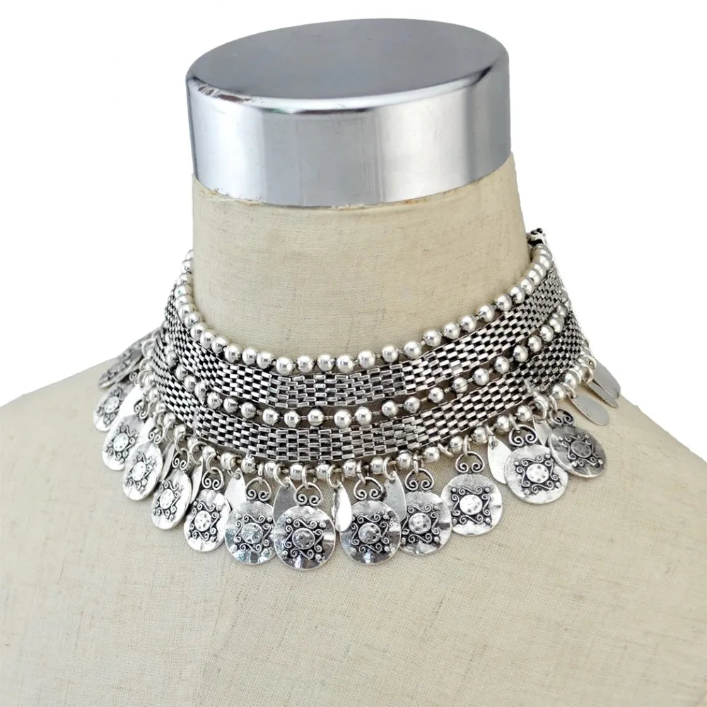 Afghan Vintage Tribal Silver Color Statement Collar Choker Bib Necklace Earring Jewelry Sets Indian Short Chain Coin Necklaces