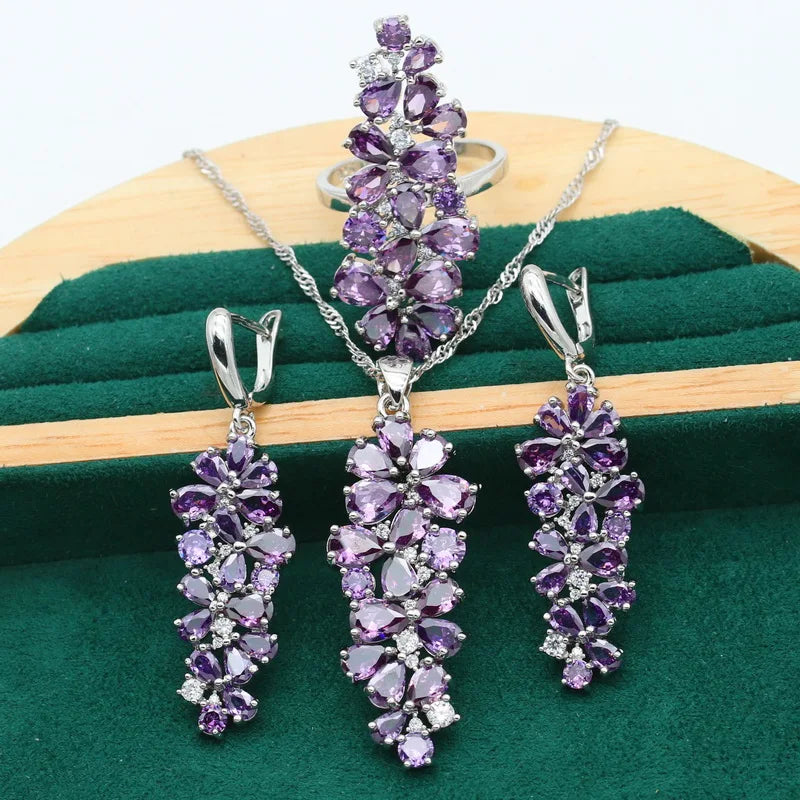 New Multicolour Purple Topaz 925 Silver Jewelry Set For Women Bracelet Earrings Necklace pendant Ring Birthday Gift 4PCS