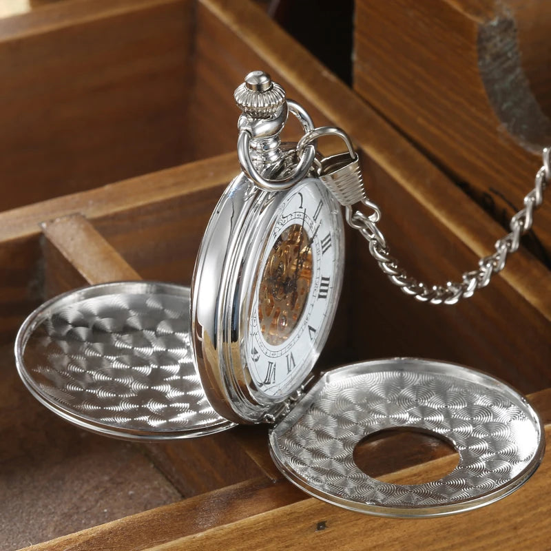 Vintage 2 Sides Open Case Mechanical Men's Watch Double Face Roman Dial Clock Hand Wind Pocket Watch With FOB Chain Gift
