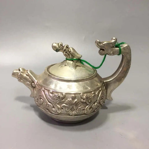 Chinese archaize White copper dragon handle teapot crafts statue #2