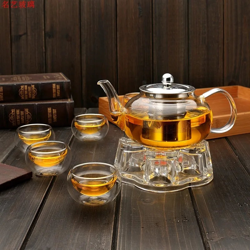 600/800ml Heat Resistant Glass Teapot Flower Tea Set Kettle Coffee Tea Pot Drinkware Set Stainless Steel Strainer Teapot