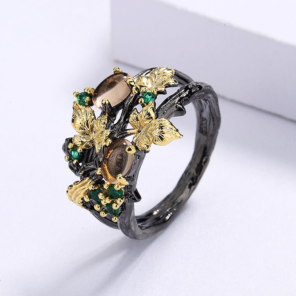 New Exquisite Leaf Flower Color Zircon Ladies Women's Ring Jewelry Black Gold Two-color Red Zircon Ring Ladies Ring