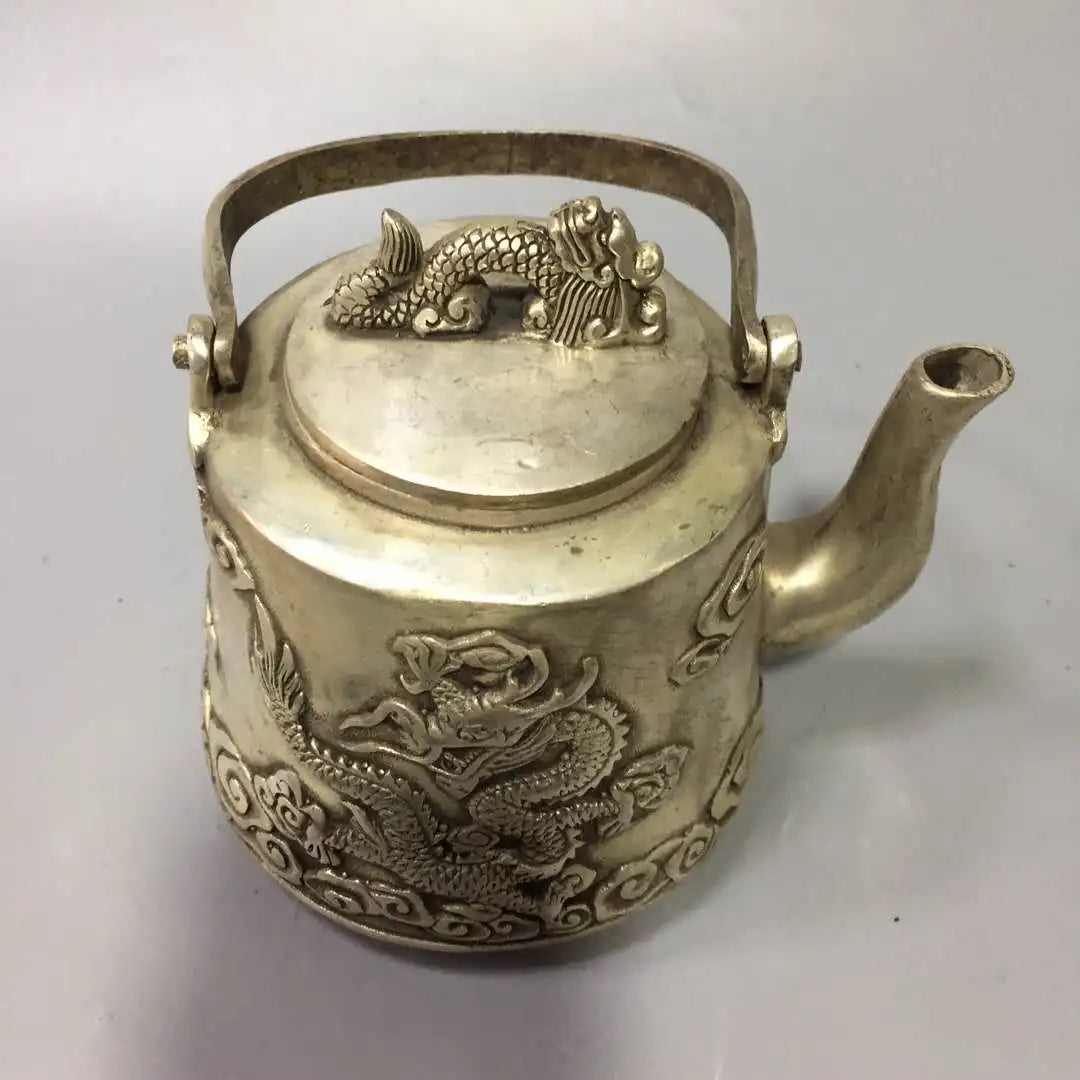 Chinese archaize White copper carving dragon teapot crafts statue