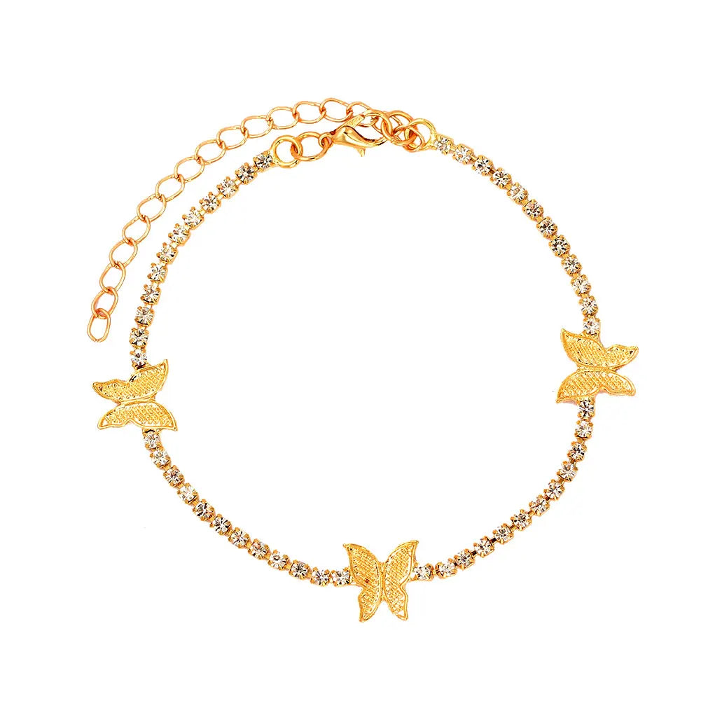 Trendy Shining Cute Butterfly Crystal Tennis Anklet for Women Gold Silver Color Boho Sandals Rhinestone Foot Ankle Chain Jewelry