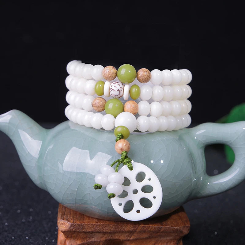 108 White Jade Bodhi Roots Bracelet Womens Lotus Leaf Multi-layer Beads Fashion Bracelet Buddha Charm Yoga Necklace Dropshipping