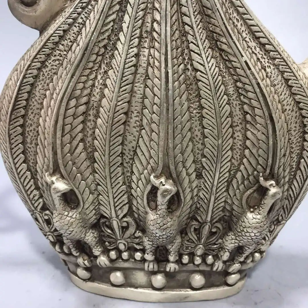 Chinese archaize White copper phoenix teapot crafts statue