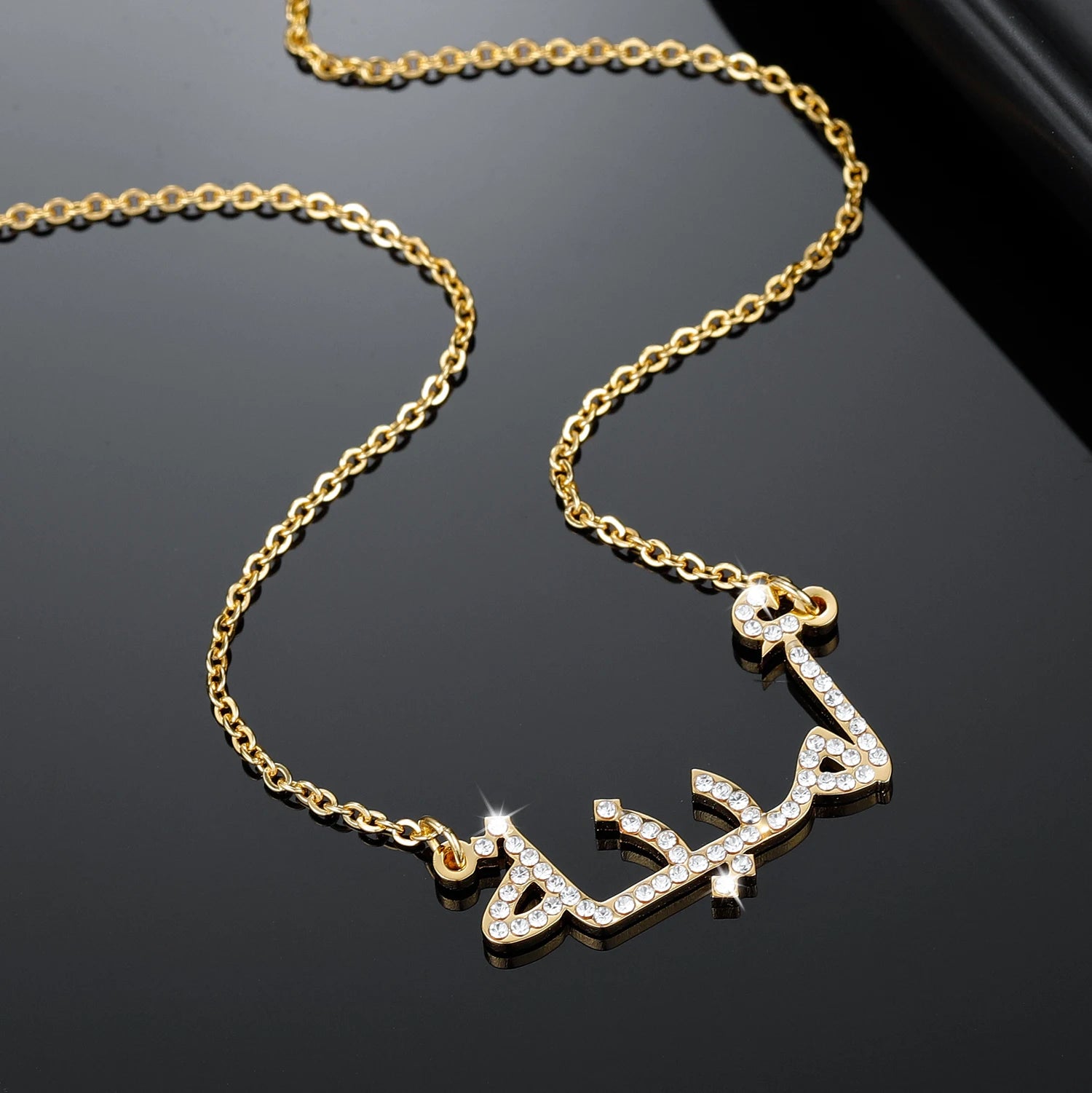 Custom Arabic Name Necklace Crystal Arabic Pendant Personalized Islamic Nameplate Gold Chain Stainless Steel Jewelry For Women