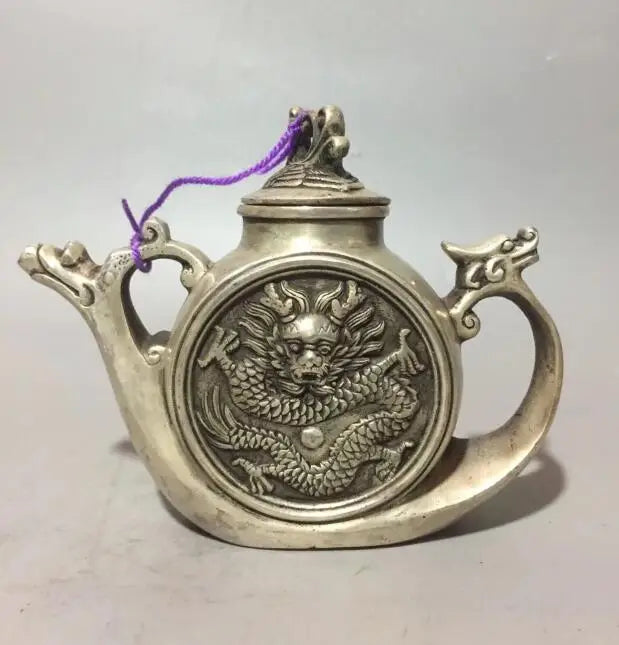 Collectible archaize white copper dragon phoenix teapot