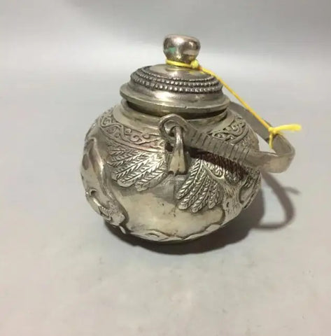 China collection archaize white copper cattle head teapot craft statue