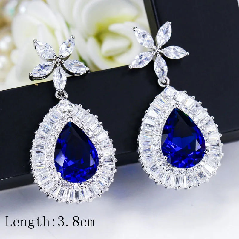 ThreeGraces Noble Big Cubic Zirconia Dark Blue Crystal Earring for Women Statement Round Flower Dangle Teardrop Earrings ER011
