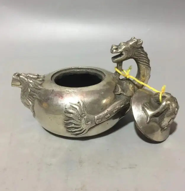 China collection archaize white copper dragon head teapot craft statue