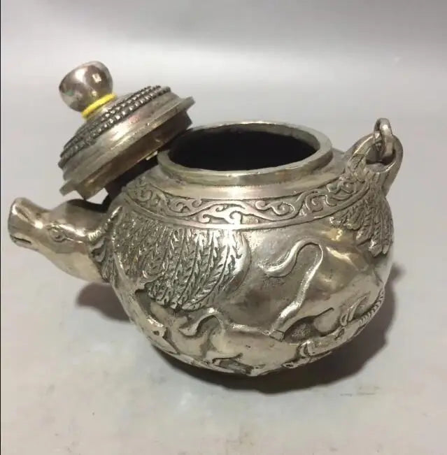 China collection archaize white copper cattle head teapot craft statue