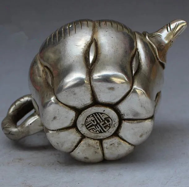 China collection archaize white copper lotus teapot craft statue