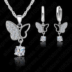 New Fashion Jewelry 925 Sterling Silver Statement  Butterfly Crystal Necklace Pendand Jewelry Set Fast Shipping