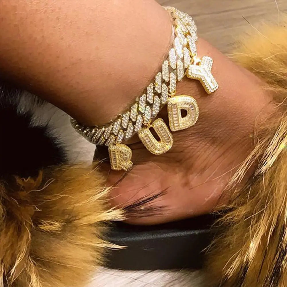 Hip Hop DIY Name Miami Cuban Link Chain Letter Anklet for Women Full Rhinestone Baguette Alphabe Ankle Bracelet Birthday Jewelry