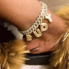 Hip Hop DIY Name Miami Cuban Link Chain Letter Anklet for Women Full Rhinestone Baguette Alphabe Ankle Bracelet Birthday Jewelry
