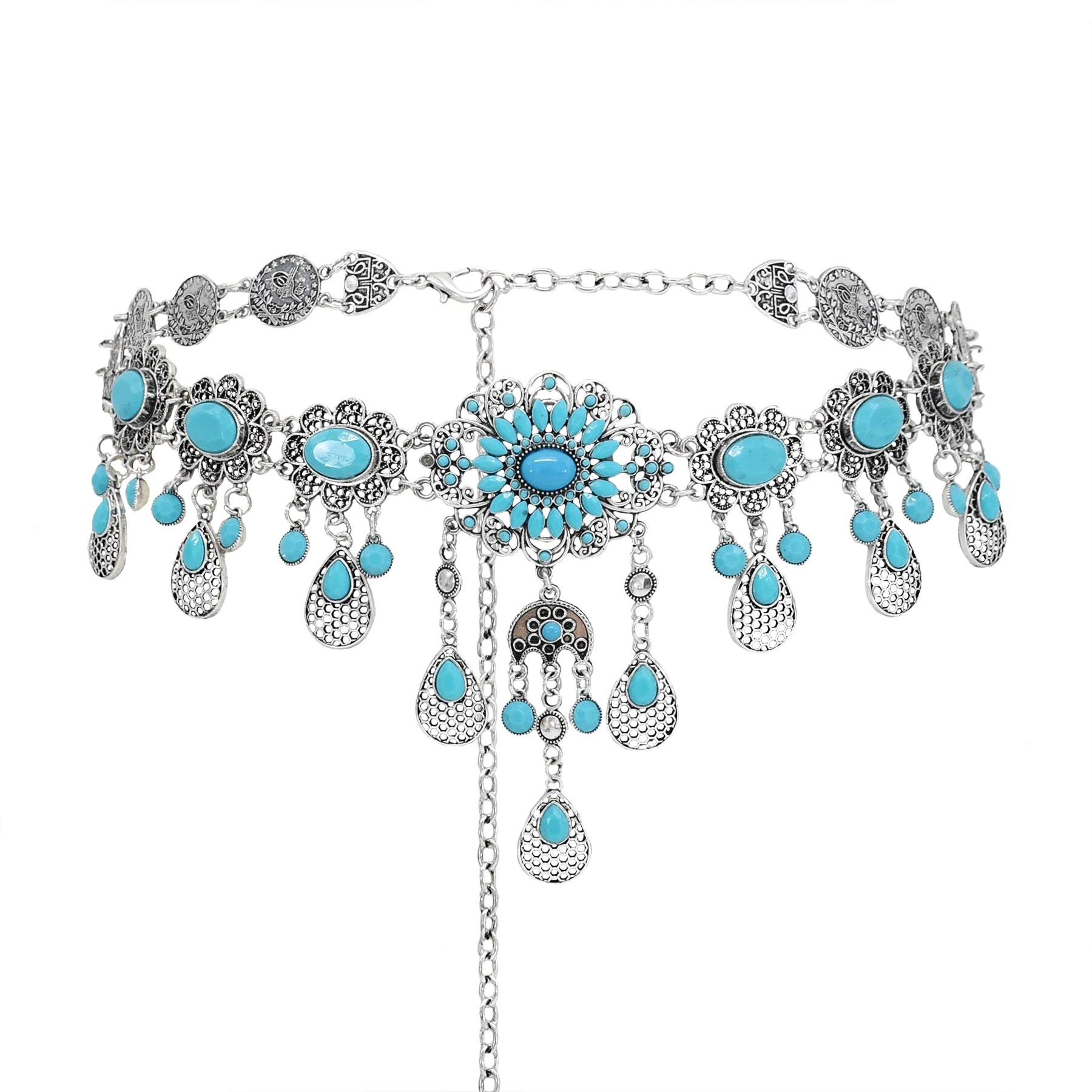 Bohemian Blue Stone Belly Chains for Women Vintage Metal Coin Tassel Flower Bikini Dance Waist Body Chain Party Jewelry Gift
