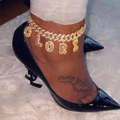 Hip Hop DIY Name Miami Cuban Link Chain Letter Anklet for Women Full Rhinestone Baguette Alphabe Ankle Bracelet Birthday Jewelry