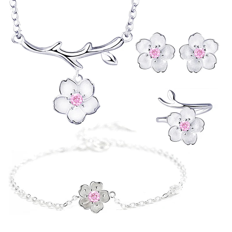 925 Sterling Silver Jewelry Sets Romantic Cherry Blossoms Flower Necklace+Earrings+Ring+Bracelet For Women Gift